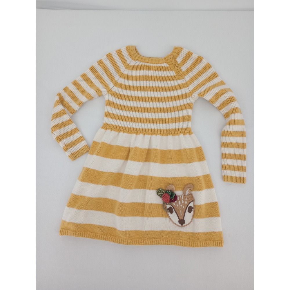 Cynthia‎ Rowley Sweater Dress Kids 4T Yellow Striped Deer Applique Long Sleeve